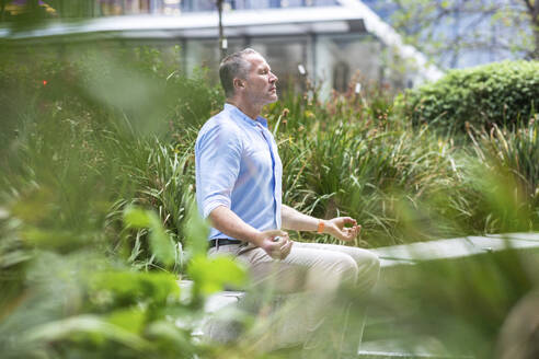 Geschäftsmann meditiert in der Nähe von Pflanzen im Büropark - WPEF08055