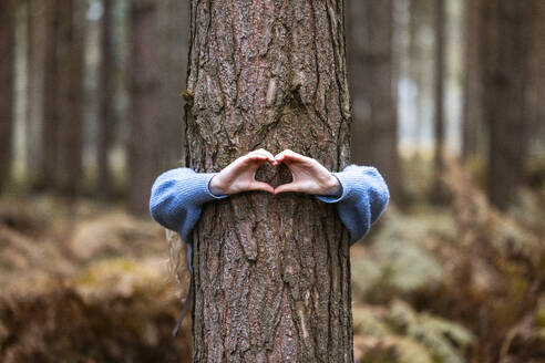 Woman gesturing heart shape over tree trunk in Cannock chase forest - WPEF08098