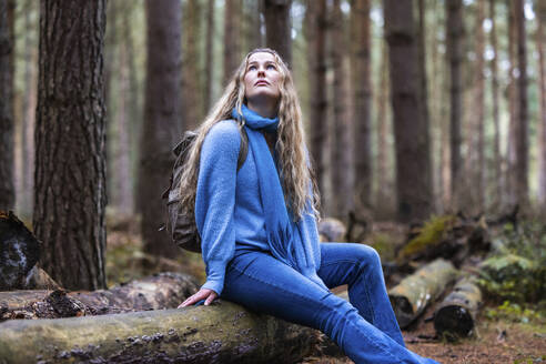 Nachdenkliche schöne Frau sitzt auf einem Baumstamm im Cannock Chase Forest - WPEF08100