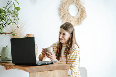 Smiling woman with coffee mug using laptop at home - WESTF25313