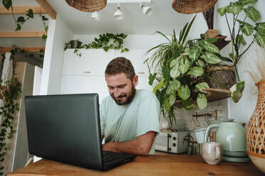 Man using laptop in kitchen at home - WESTF25321