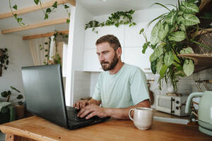 Man using laptop in kitchen at home - WESTF25322