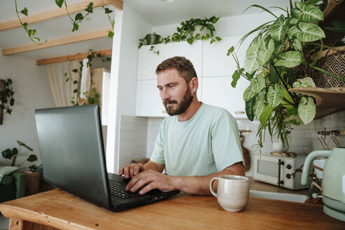 Man using laptop in kitchen at home - WESTF25322