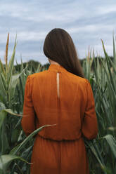 Frau steht inmitten von Pflanzen in einem Maisfeld - TOF00194
