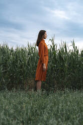 Woman standing by corn crops in field at sunset - TOF00199