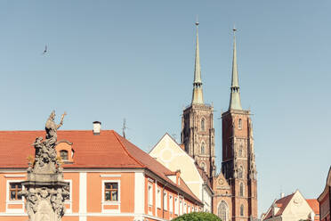 Polen, Woiwodschaft Niederschlesien, Breslau, Statue des Johannes von Nepomuk mit der Kathedrale des Heiligen Johannes des Täufers im Hintergrund - TAMF04104