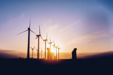 Spain, Canary Islands, Wind farm turbines at sunset - AMWF01958