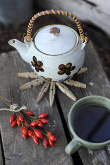 Rose hips, mug of tea and teapot standing on coaster made of clothespins - GISF01014