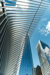 Von unten von zeitgenössischen Hochhäusern mit verspiegelten Glasfenstern auf der Straße des modernen New York City in Manhattan in der Nähe von Westfield World Trade Center und Oculus gelegen - ADSF52033