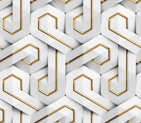 Futuristisches geometrisches 3D-Muster aus Sechsecken in luxuriösem Weiß und Gold, das an ein kompliziertes Mosaik erinnert - ADSF52091