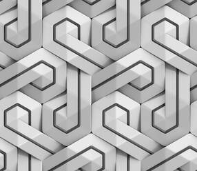 Futuristisches geometrisches 3D-Muster aus Sechsecken in luxuriösem Hell- und Dunkelgrau, das an ein kompliziertes Mosaik erinnert - ADSF52093