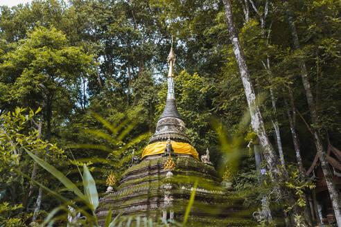 Blick von unten auf die alte orientalische Stupa des Wat Pha Lat, umgeben von grünen Bäumen im Wald von Chiang Mai, Thailand - ADSF52216