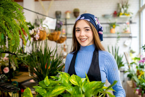 Charmante, glückliche junge Besitzerin in Freizeitkleidung und Kopftuch, die eine Holzkiste mit frischen Geldpflanzen trägt, während sie in der Floristikbranche arbeitet - ADSF52364