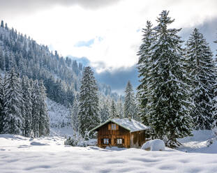 Deutschland, Bayern, Abgelegene Hütte in den schneebedeckten Allgäuer Alpen - EGBF01022