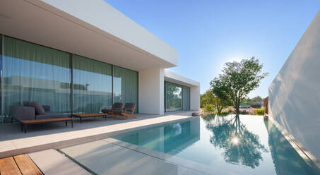 Modernes, minimalistisches, nachhaltiges Haus mit einem klaren, blauen Pool mit glatten, weißen Wänden und einem ruhigen Himmel im Hintergrund - ADSF52579