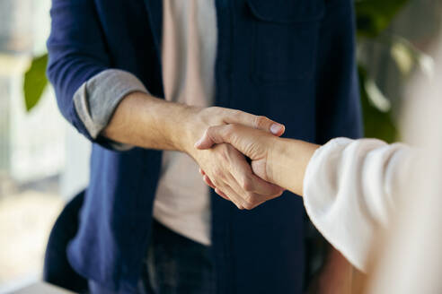 Young businessman shaking hands with businesswoman at office - BSZF02433