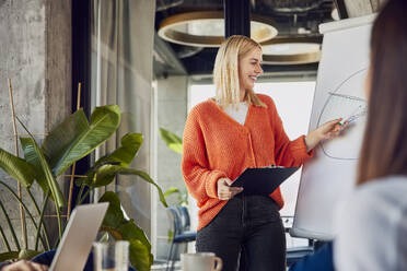 Smiling blond businesswoman explaining pie chart to colleague at office - BSZF02440