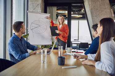 Happy young businesswoman explaining pie chart to colleagues - BSZF02442