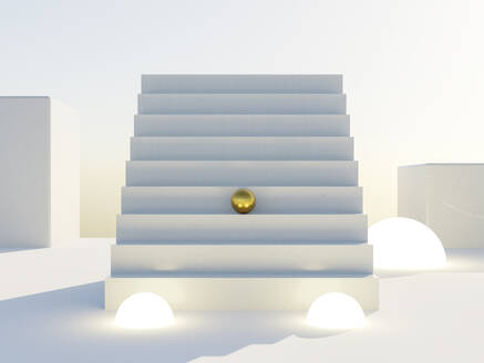 3d-Rendering einer goldenen Kugel auf einer Treppe - TOF00255