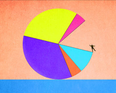 Business person balancing on open section of pie chart - GWAF00460