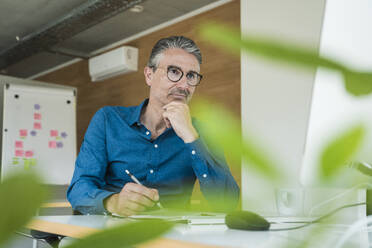 Businessman looking at computer and sitting with diary at desk in office - UUF31048