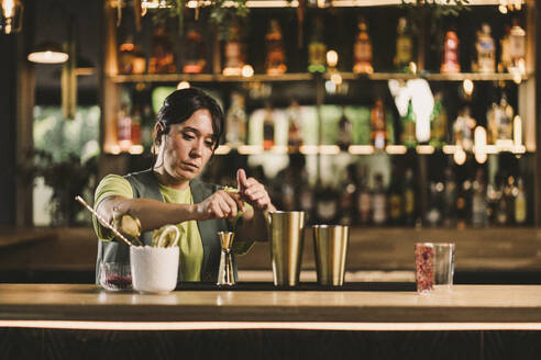 Barkeeper bei der Zubereitung von Cocktails in einer Bar - DAMF01276