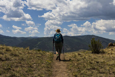 USA, Colorado, Creede, Rear view of woman hiking in San Juan Mountains - TETF02375