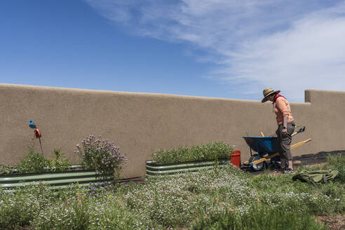 USA, Colorado, Creede, Frau bei der Gartenarbeit in der Hochwüste - TETF02376