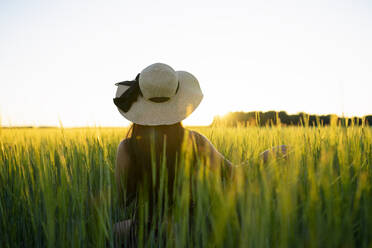 Rückansicht einer Frau mit Strohhut auf einem Feld bei Sonnenuntergang - TETF02469