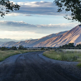 USA, Idaho, Bellevue, Dirt road leading to foothills on summer evening - TETF02493