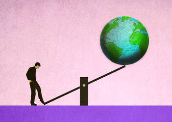 Man balancing planet earth on seesaw against pink background - GWAF00473