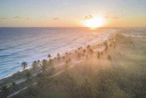 Luftaufnahme einer langen Küstenlinie mit Strand bei Sonnenuntergang in Punta Cana, La Altagracia, Dominikanische Republik. - AAEF25144