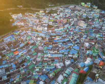 Aerial view of Gamcheon Culture Village at sunset, Busan, South Korea. - AAEF25258
