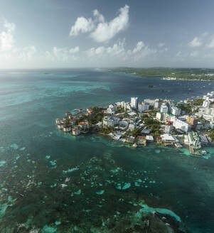 Aerial view of San Andres town on San Andres Island in the Carribean Sea, Archipelago of Saint Andrew, Colombia. - AAEF25374