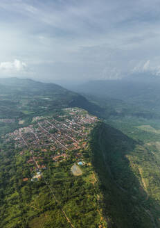 Aerial view of Barichara, a small town along the mountain crest in Santander district, Colombia. - AAEF25381