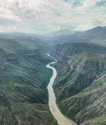 Aerial view of Sogamoso River across the mountain valley in Los Santos, Santander, Colombia. - AAEF25421