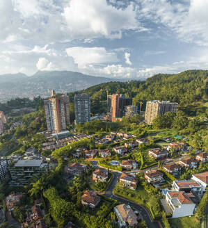 Aerial view of Medellin residential district at sunset, Antioquia, Colombia. - AAEF25431