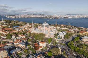 Aerial view of Hagia Sophia (Ayasofya Camii) mosque in Sultanahmet district during the Muslim celebration day in Istanbul, Turkey. - AAEF25501