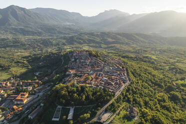 Aerial view of Nusco, a small town on the mountains in Irpinia, Avellino, Italy. - AAEF25727