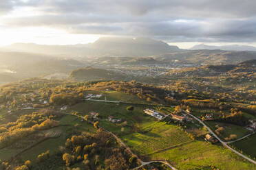 Aerial view of a mountains and hills landscape with vineyard and countryside houses at sunset in autumn colours, Irpinia, Avellino, Campania, Italy. - AAEF25753