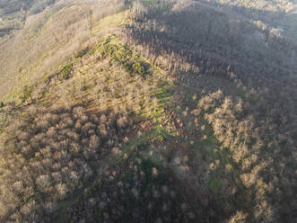 Luftaufnahme des Monte Pergola bei Sonnenuntergang in der Nähe von Solofra, Avellino, Irpinia, Kampanien, Italien. - AAEF25821