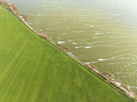 Abstrakte Luftaufnahme der IJsselmeerküste mit Grasland und Wellen im See, Nijemirdum, Gaasterland, Friesland, Niederlande. - AAEF25968