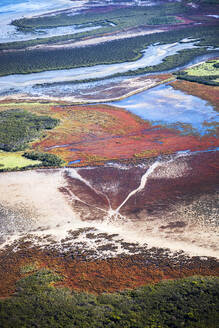 Luftaufnahme einer trockenen Landschaft, in der sich Farbe und Textur mit grünem Laub vermischen und einen schönen Anblick bieten, Australien. - AAEF25975