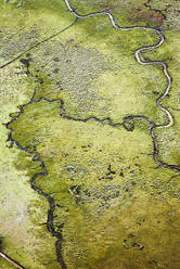 Luftaufnahme, die die raue Landschaft einer Wasserstraße zeigt, die sich durch weitläufige grüne Felder zieht, Australien. - AAEF25992