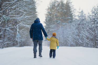 Vater und Sohn wandern im Winterwald - ANAF02692