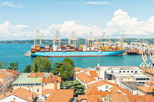 Slowenien, Küsten-Karst, Koper, Angedocktes Containerschiff im Sommer - TAMF04179