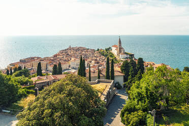 Slowenien, Küsten-Karst, Piran, Blick auf die Küstenstadt im Sommer mit klarer Horizontlinie über der Adria im Hintergrund - TAMF04187