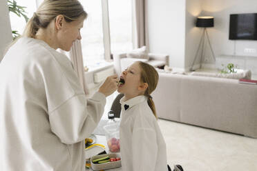 Mother feeding snack to daughter at home - SEAF02192