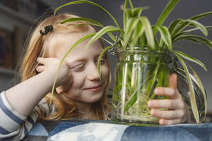 Lächelndes Mädchen mit Spinnenpflanze zu Hause - IHF01867