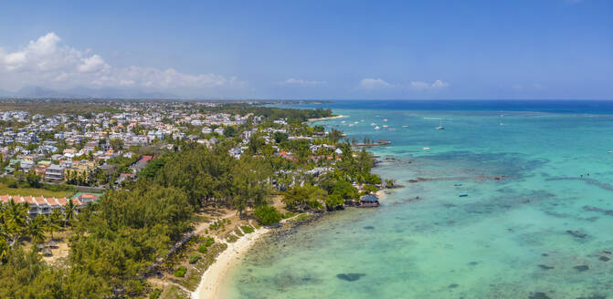Aerial view of beach and turquoise water at Le Clos Choisy, Mauritius, Indian Ocean, Africa - RHPLF31525